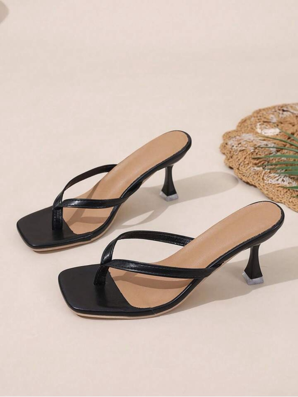 Black Strappy Square-Toe Mid Heel Sandals